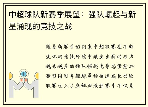 中超球队新赛季展望：强队崛起与新星涌现的竞技之战