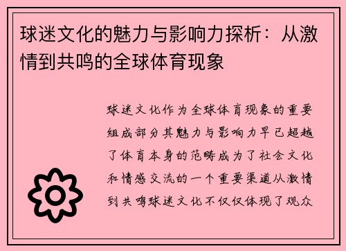 球迷文化的魅力与影响力探析：从激情到共鸣的全球体育现象