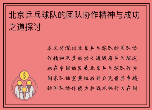 北京乒乓球队的团队协作精神与成功之道探讨