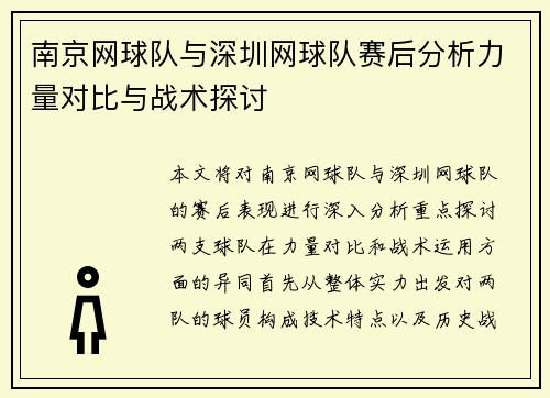 南京网球队与深圳网球队赛后分析力量对比与战术探讨